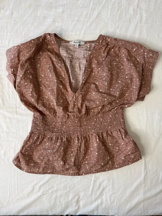 Madewell XXS Brown Floral Printed Smocked Peplum Blouse V-Neck  Top Boho - Picture 2 of 8